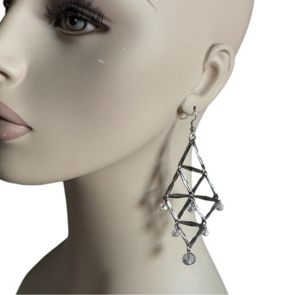 Statement Geometric Chandelier Earrings – Silver Tone with Crystal Beads